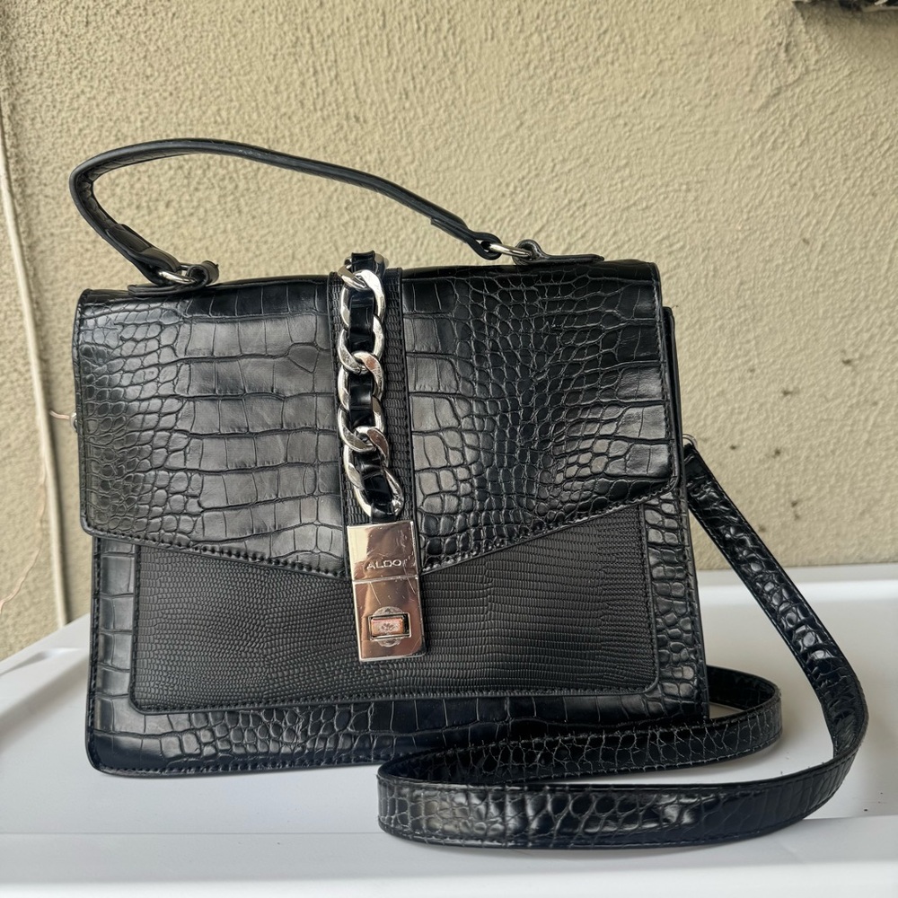 Aldo Cailla Black Croc-Embossed Crossbody Bag with Chain Detail